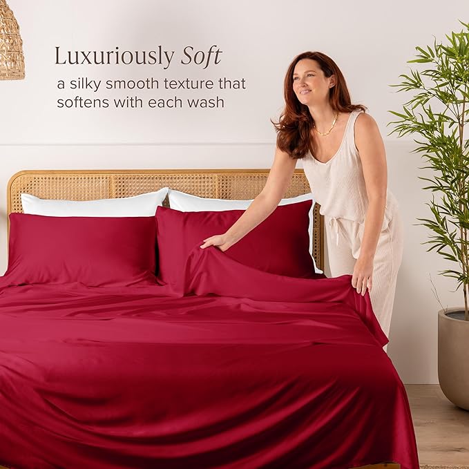 Bare Home 100% Rayon Made from Bamboo Twin XL Sheet Set - 3 Piece Bedding Set - Deep Pockets - Breathable - Easy Fit - Bedding Sheets & Pillowcases (Twin XL, Red)