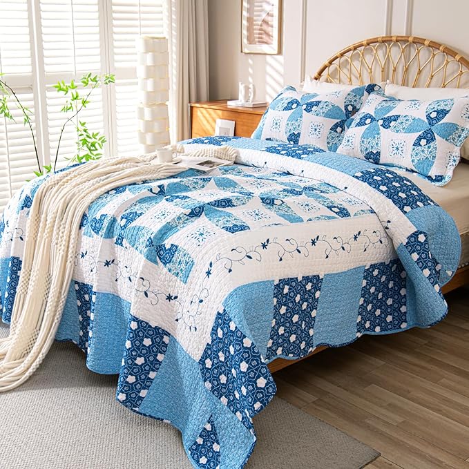 Cmfshape Blue Quilt Sets Bedspread Set 100% Cotton Patchwork Coin Pattern Bedding Set,All Season Use Lightweight Reversible Coverlet Quilts with 2 Pillow Shams(Queen 92"x96")