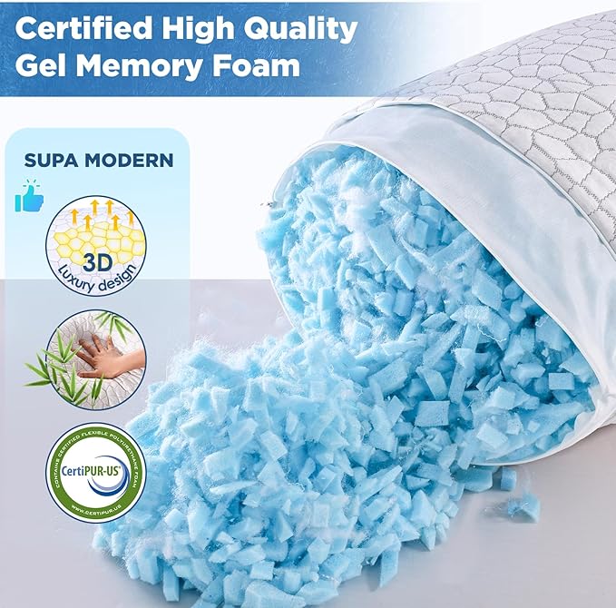 SUPA MODERN Cooling Bed Pillows for Sleeping 1 Pack Shredded Memory Foam Pillows Adjustable Cool Pillow for Side Back Stomach Sleepers Luxury Gel Pillows Standard Size, for Women Men