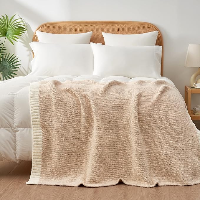 Snuggle Sac Heather Beige Throw Blanket for Couch, Ultra Soft Warm Blankets Cozy Knit Fuzzy Plush Lightweight Throw XL Size for Sofa, Bed, Heather Beige, 50x70 inches