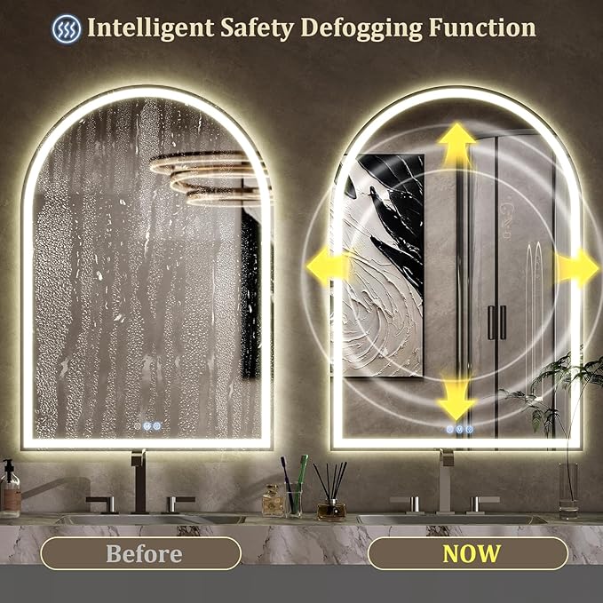 BEAUTYPEAK LED Arch Bathroom Mirrors with Lights, 48x30 Arch Mirror with Metal Frame, Anti-Fog,LED Mirror with Front Light and Backlit, Memory Function for Bathroom, Dressing Room