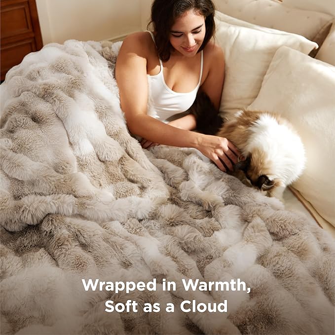Bedsure GentleSoft Fluffy Faux Fur Throw Blanket, Fuzzy Soft Bubble Blanket for Couch, Faux Fur Decor for Home Bedroom Living Room, Thick Warm Furry Cozy Gifts for Women, Tie-dye Taupe, 50x60 Inch
