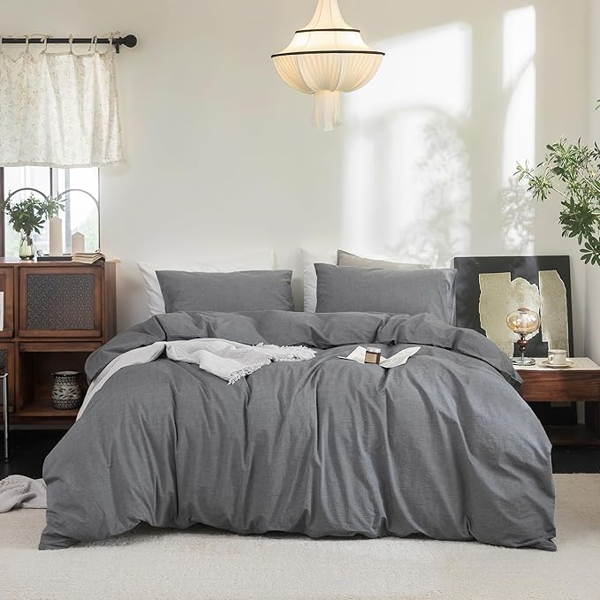 FOSSA Duvet Cover Set 100% Washed Cotton Linen Feel Super Soft Breathable Cozy 3 Pieces Bedding Sets Solid Dark Grey Oversized King
