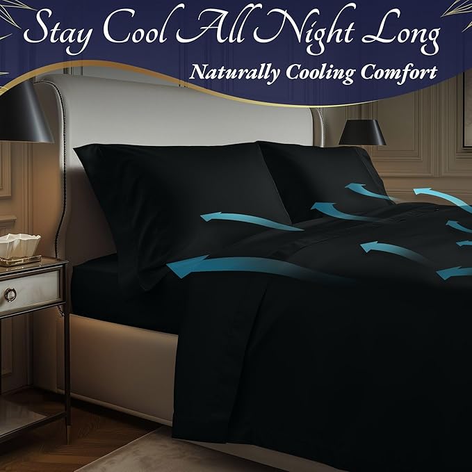 DECOLURE 100% Viscose Derived from Bamboo Sheets Cal King Size 4pcs - Ultra Soft & Luxuriously Cooling, 17" Deep Pocket, Double Stitching, Perfect for Hot Sleepers - King Bed Sheets (Black)