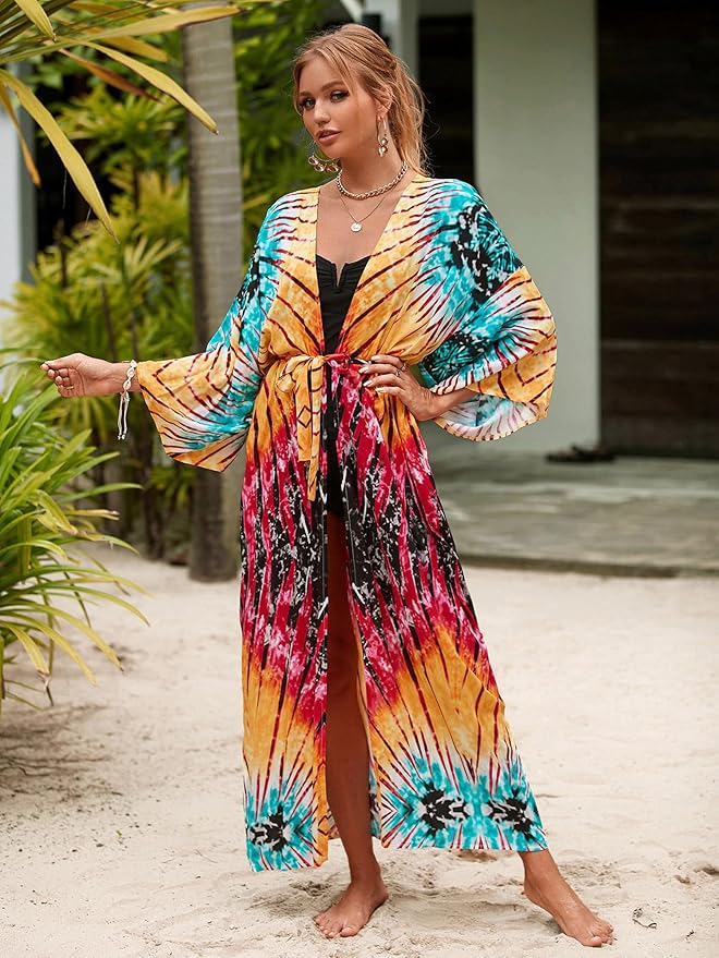 Women Casual Open Front Lightweight Cardigan Long Beach Kimono Cover Up