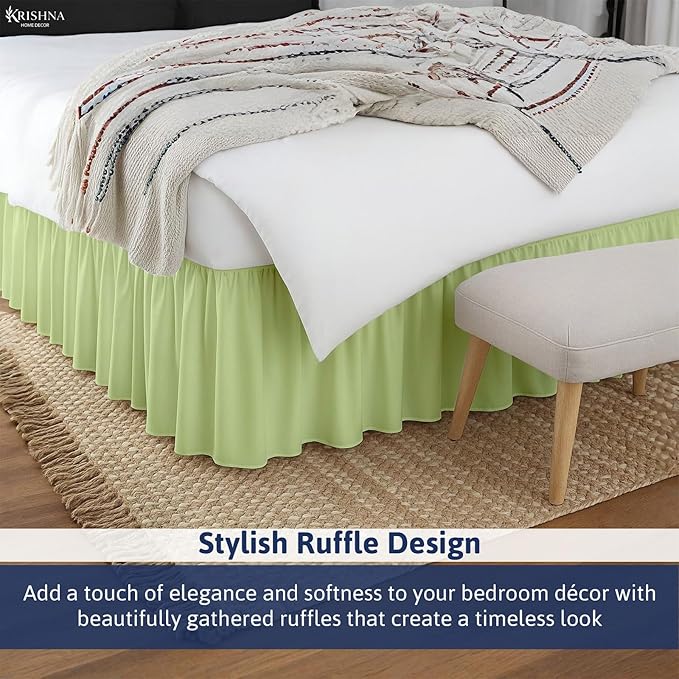 KRISHNA Ruffled Bed Skirt with Split Corners King, 100% Microfiber Hotel Quality, 21 Inch Drop Dust Ruffle Gathered Bedskirt with Platform, 78" x 80", Sage
