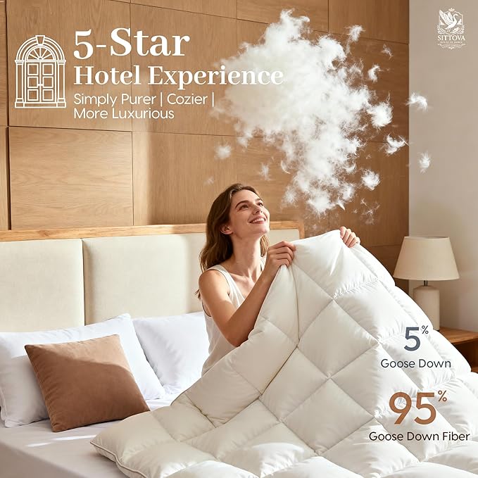 Goose Down Fiber Comforter King Size – All-Season Hotel Quality Duvet Insert, High Fill Power, Ultra Soft 100% Cotton, Box-Stitched, Breathable, Luxurious White Bedding, 90"x 106"
