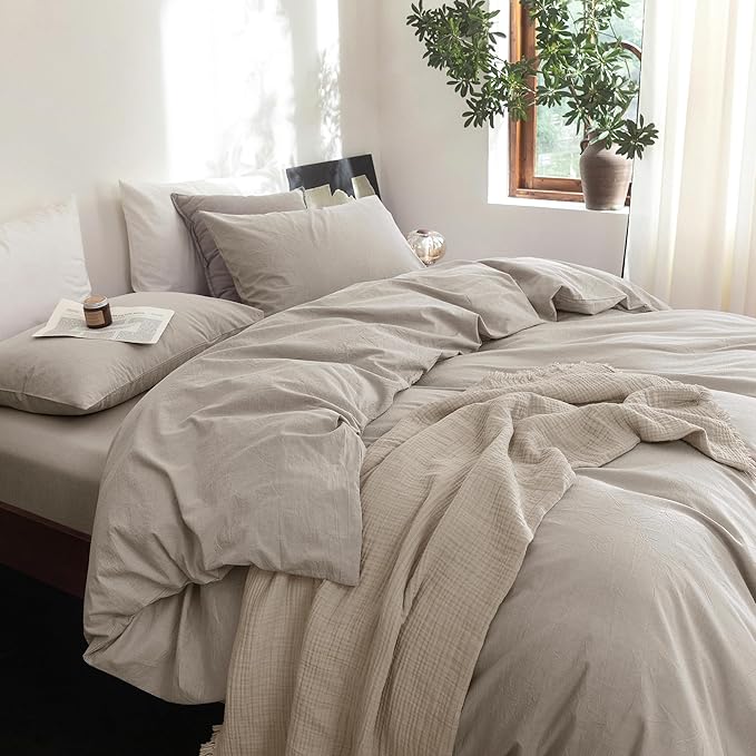 FOSSA Duvet Cover Set 100% Washed Cotton Linen Feel Super Soft Breathable Cozy 3 Pieces Bedding Sets Solid Cream Grey Oversized Queen