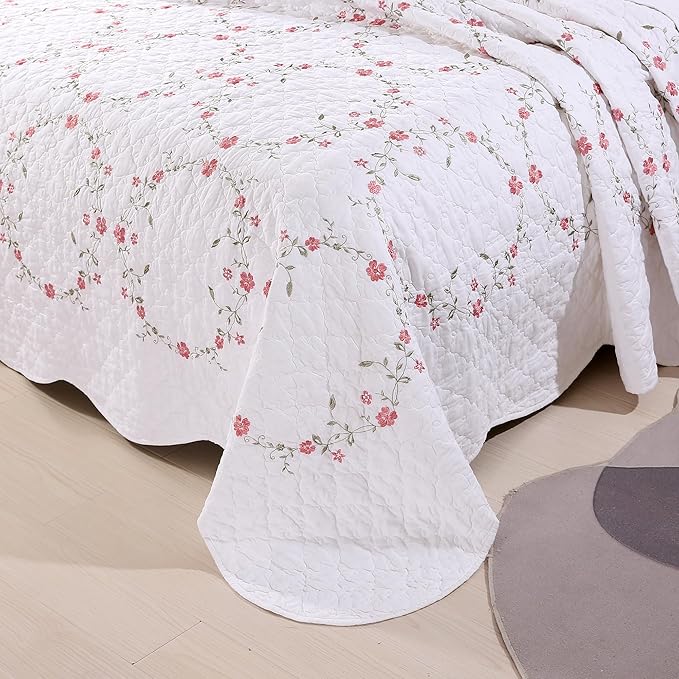 Quilt Set Circular Floral 3D Embroidery Pattern 3 PCS 100% Cotton Reversible Quilted Embroidered Decorative Bedspreads Coverlet Set, Lightweight &Soft King Size White Bedding Coverlet for All Season
