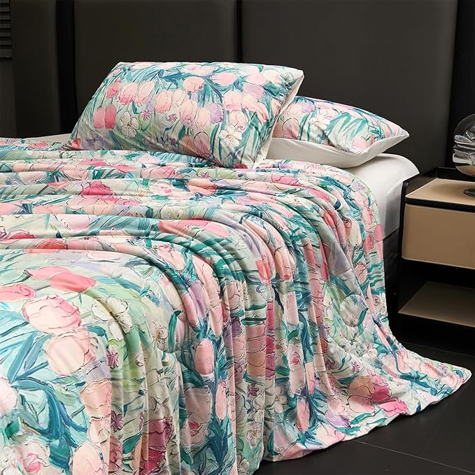 Cyusri Floral Print Cooling Comforter Set 2Pcs Breathable Cool Twin Size Bedding Set with 1 Pillowcase Pink Tulip Pattern Silky Cold Quilt, 68"x90"