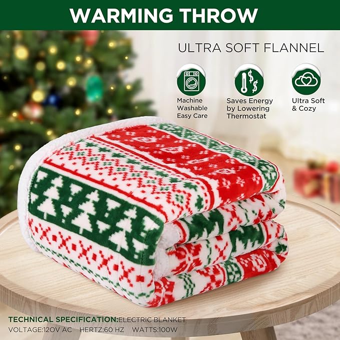 Westinghouse Heated Throw Blanket, Super Soft Flannel to Sherpa Electric Throw with 6 Heating Levels & 2-10 Hours Auto Off, Fast Heating & Overheat Protection, 50x60 Inch, Christmas Tree