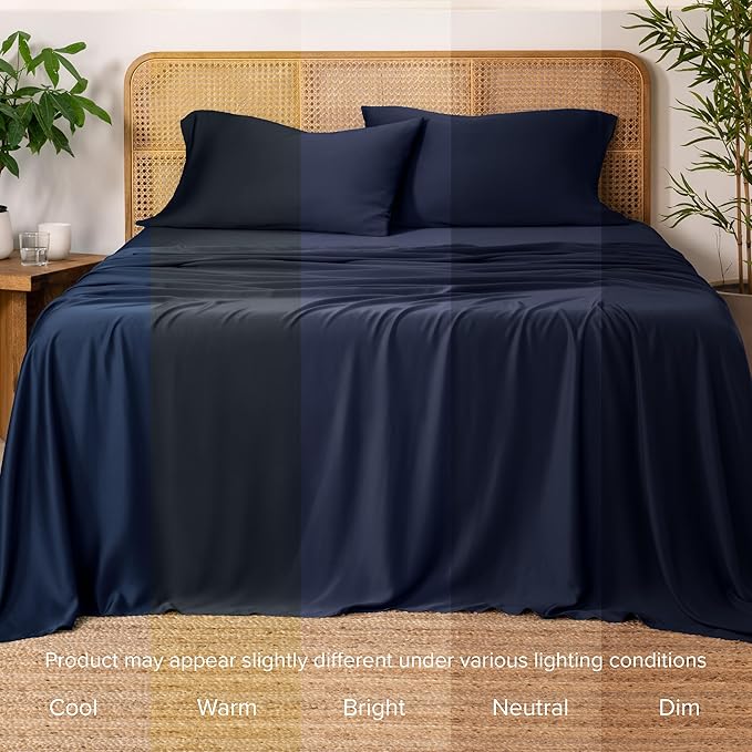 Bare Home 100% Rayon Made from Bamboo Queen Sheet Set - 4 Piece Bedding Set - Deep Pockets - Breathable - Easy Fit - Bedding Sheets & Pillowcases (Queen, Midnight Blue)