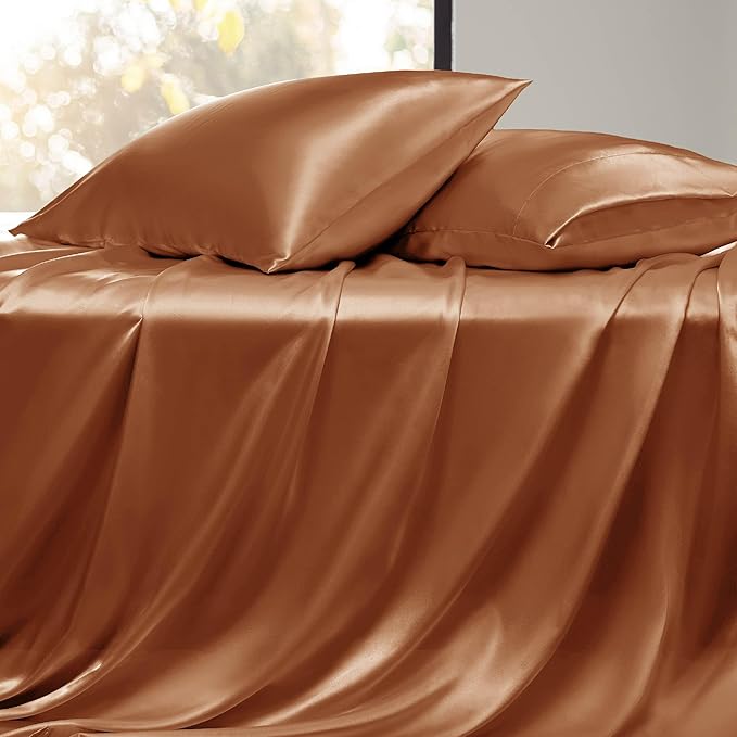 Bedsure Satin Sheets Full Size - 4 Piece Silky Bedsheets with 15 Inches Deep Pocket Fitted Bedsheet,1 Flat Sheet, 2 Satin Pillowcases, Good for Hair & Skin (Full, Burnt Orange)