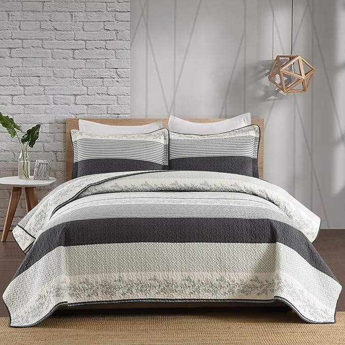 Stripe Quilt King Size - 100% Cotton Lightweight 3 Pieces Bedding Set, Vintage Vine Pattern Quilted Bedspread with 2 Pillowshams, Farmhouse Printed Coverlet for All Season, Green/Gray