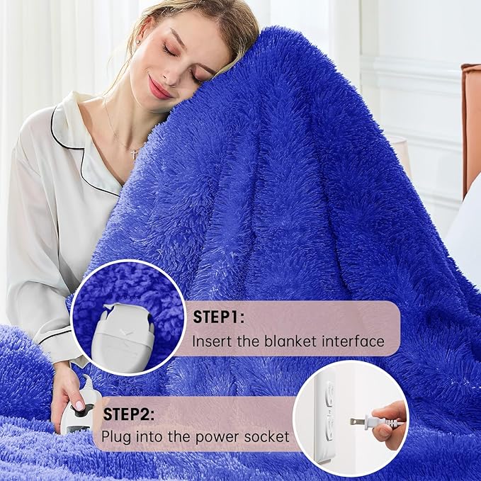 Heated Electric Blanket Twin–Faux Fur with Soft Thick Sherpa,Warm Winter Birthday Gifts for Women Grandma，10 Heat Settings,5 Time Settings with Fast Heating, 62x84, Glacier Blue