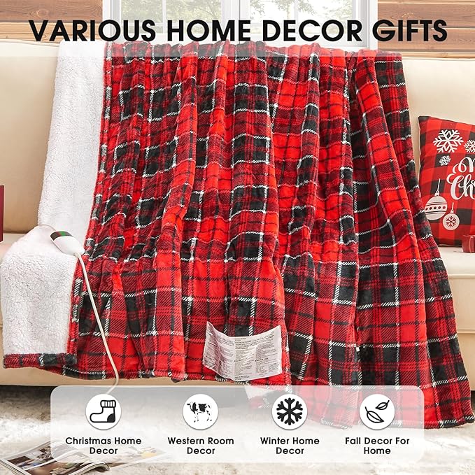 OCTROT Heated Blanket Electric Throw 50X60, Christmas Heating Throw Gift with 10 Heating Levels & 8 Hours Auto Off, Red Plaid Checkered Sherpa Blanket Warmer for Adults, Couch Bed Office Use
