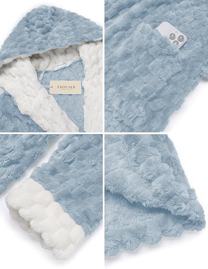 Ekouaer Womens Plush Robes Long Soft Jacquard Fluffy Bathrobe Hooded Robe Sleepwear with Pockets