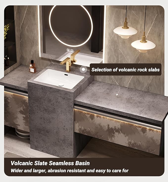 Single Sink Freestanding Bath Vanity, Modern Bath Vanity with LED Smart Mirror, 52IN Solid Wood Floating Bathroom Sink Cabinet with Marble Slate Top and Large Storage Drawer