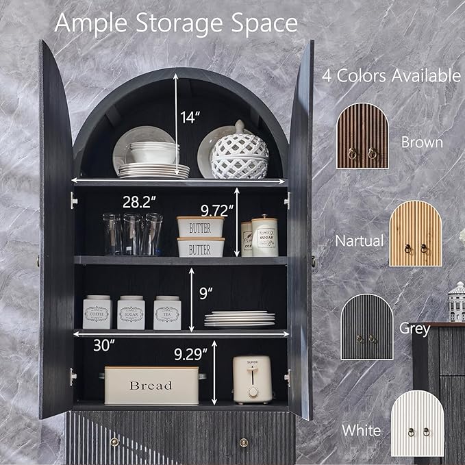 71" Tall Arched Bathroom Storage Cabinet, Modern Fluted Cabinet Storage with 4 Shlves and 2 Drawers, Floor Cabinet for Bathroom, Living Room, Kitchen, Dark Gray