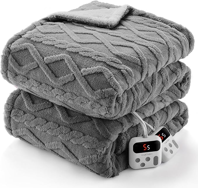 CAROMIO Electric Blanket Queen Size Dual Control - Thick Tufted Sherpa Heated Blanket Queen with 10 Heating Levels and 10 Time Settings, ETL Certified Fast Heating Blanket Queen Size 84"×90", Grey