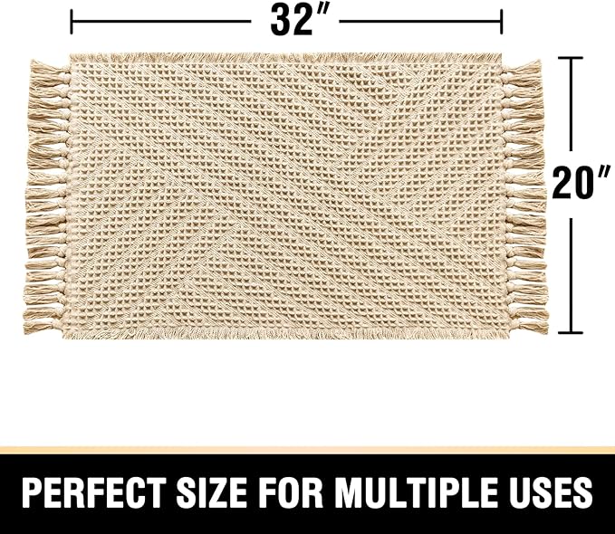 H.VERSAILTEX Waffle Bath Mat Super Absorbent Boho Bath Mat Non Slip Bath Rugs for Bathroom Floor Machine Washable Dry Fast Bathroom Rugs with Tassels, 20" x 32", Sand