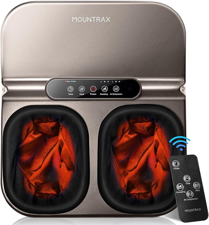 MOUNTRAX Foot Massager Machine with Heat, Foot Massager for Plantar Fasciitis, Neuropathy Pain, Shiatsu Foot Massager with Remote, Fits Feet Up to Men Size 12 (Gray)