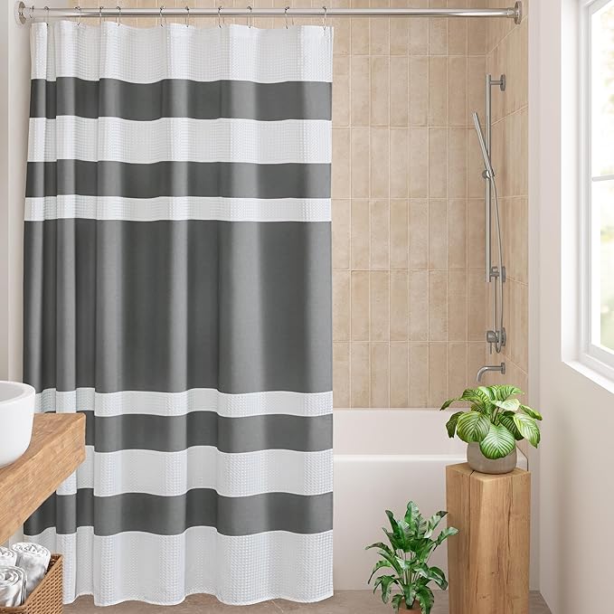 Madison Park Spa Waffle Shower Curtain Pieced Fabric Extra Long Premium Spa Quality Modern Shower Curtains for Bathroom, Tall 72x84, Charcoal