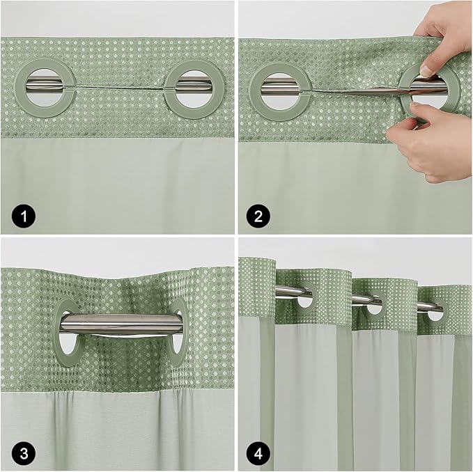 Colorful Star No Hook Shower Curtain with Snap in Fabric Liner, Waffle Weave Heavy Duty Thick Shower Curtains with Mesh Top Window, Hotel Style Waterproof Bathroom Curtain Set, 72'' x 81'', Sage Green