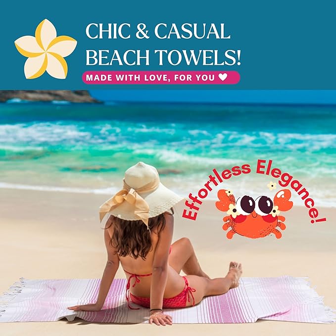 Native Fab Turkish Stripe Beach Towels 4 Pack - 40x71 Inch 100% Cotton Quick Dry Lightweight Thin Sand Free - Extra Large Peshtemal Towel for Adults Travel Bath Spa Pool Camp, Pink