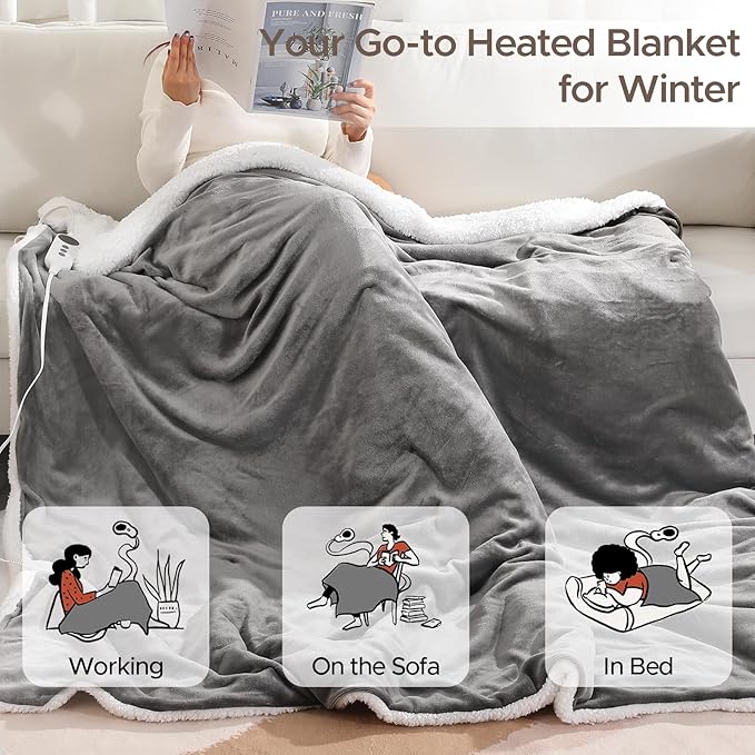 Electric Heated Blanket Throw 50"x60" - Soft Cozy Flannel & Sherpa Fabric Dual-Sided, 9 Heat Settings & 2-10 Hours Auto Off, Warming Heated Throw for Home Office, Machine Washable, Light Gray