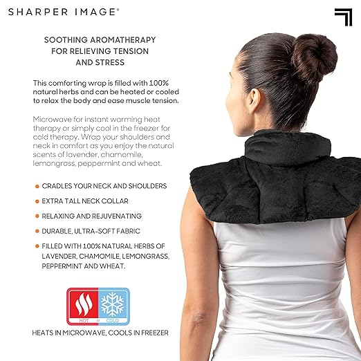Sharper Image Heated Neck & Shoulder Wrap - Microwavable Warm & Cooling Plush Pad, Scented Aromatherapy (100% Natural Lavender & Herb Spa Blend), Pain Tension Headache Relief Therapy, Gift for Women