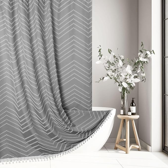Extra Long Grey Boho Shower Curtain with Tassel, Woven Fabric 84 in Shower Curtain, Tufted Chevron Striped, 72 x 84, Modern Chic Textured Minimalist Bathroom Shower