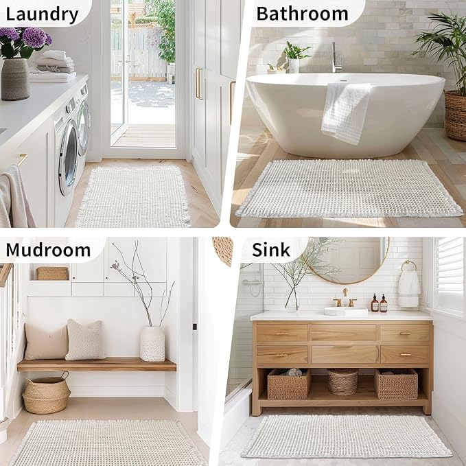 White Bathroom Rugs, Waffle Bath Mat Non Slip Washable, Super Absorbent & Quick Dry, Small Boho Bath Mat Farmhouse Bathroom Decor, 18'' x 30'', White