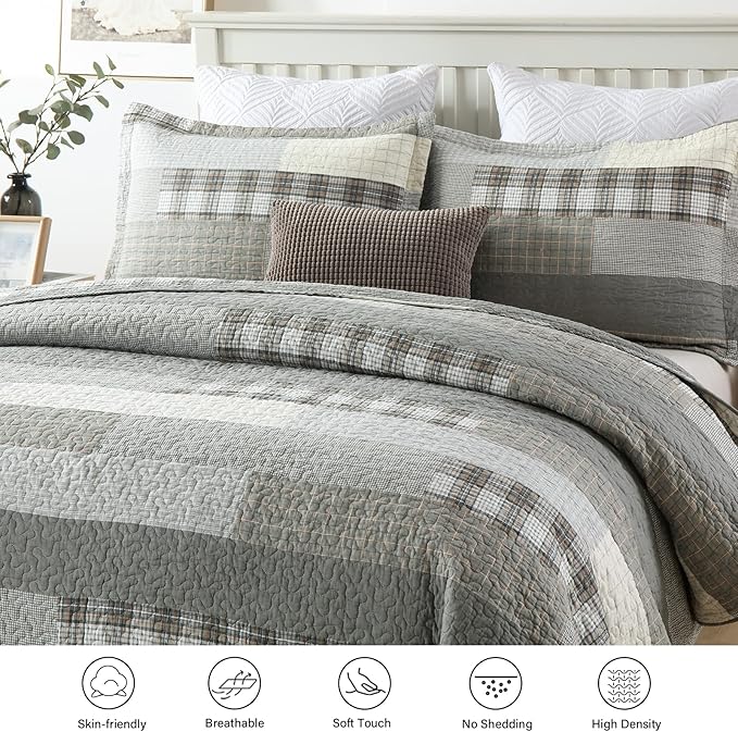 Y-PLWOMEN Quilts Queen Size - 100% Cotton Grey Queen Quilt Farmhouse Plaid Quilted Bedspread, 3 Pieces Lightweight Reversible Queen Size Quilt Bedding Set for All Season