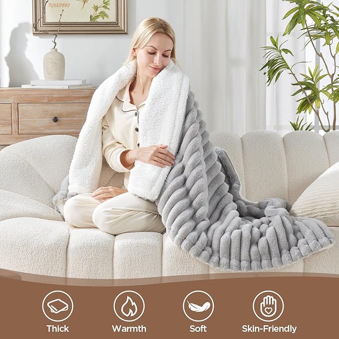 Westinghouse Electric Blanket Heated Throw, Super Cozy Luxury Faux Fur & Sherpa with 6 Heating Levels & 2-10 Hours Auto Off, Fast Heating & Overheat Protection, 50x60 Inch, Light Grey
