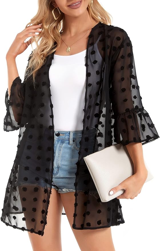 CHICGAL Womens Kimono for Summer Puff Sleeve Cardigan Casual Loose Fit Beach Cover Ups Resorts Swimwear