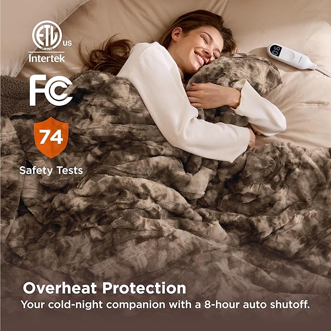 Bedsure Faux Fur Heated Blanket Twin Size, Fast Heating Electric Blanket Twin Size with 6 Heating Levels & 10 Time Settings, Cozy Gifts for Women Men (62x84 inches, Dark Chocolate)