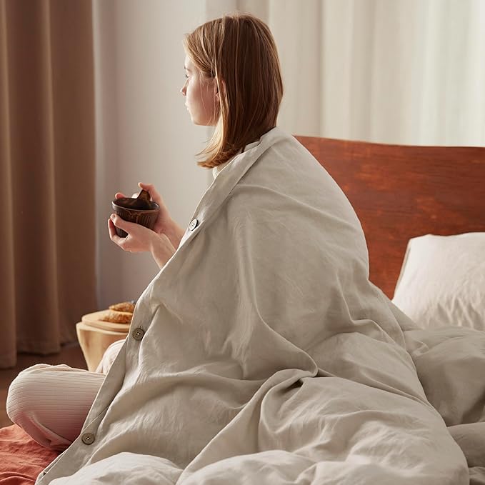 Bedsure Linen Duvet Cover Queen Size - Linen Cotton Blend Bedding Set, Soft & Cozy, 3 Pieces, 1 Duvet Cover 90x90 Inches and 2 Pillowcases, Natural Color Cooling Bedding, Comforter Sold Separately