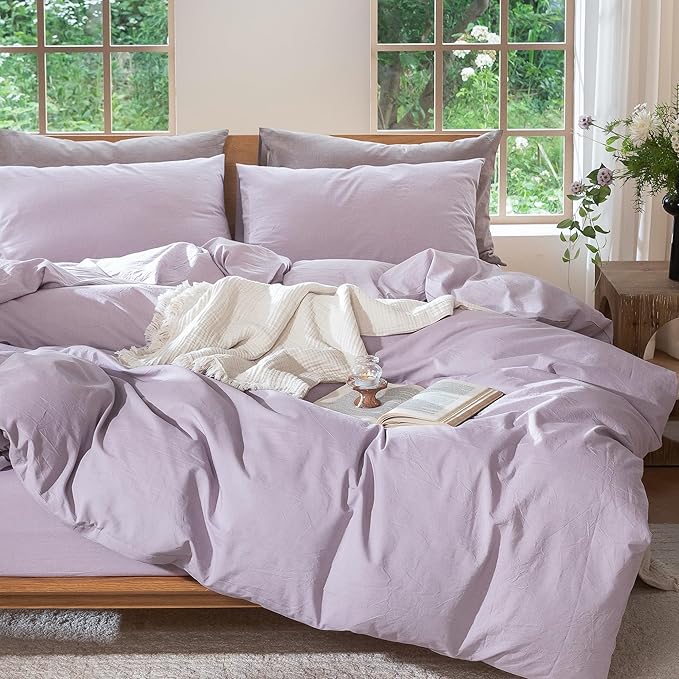 MooMee Bedding Duvet Cover Set 100% Washed Cotton Linen Like Textured Breathable Durable Soft Comfy (Heathered Light Purple, Cal King 104"x98")