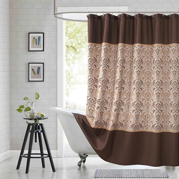 90 Inch Fabric Shower Curtain, Extra Long Brown Damask Shower Curtains for Bathroom, 72" W x 90" H