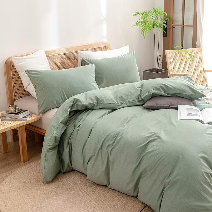BESTOUCH Duvet Cover Set 100% Washed Cotton Linen Feel Super Soft Comfortable Chic Lightweight 3 PCs Home Bedding Set Solid Green Oversized Queen