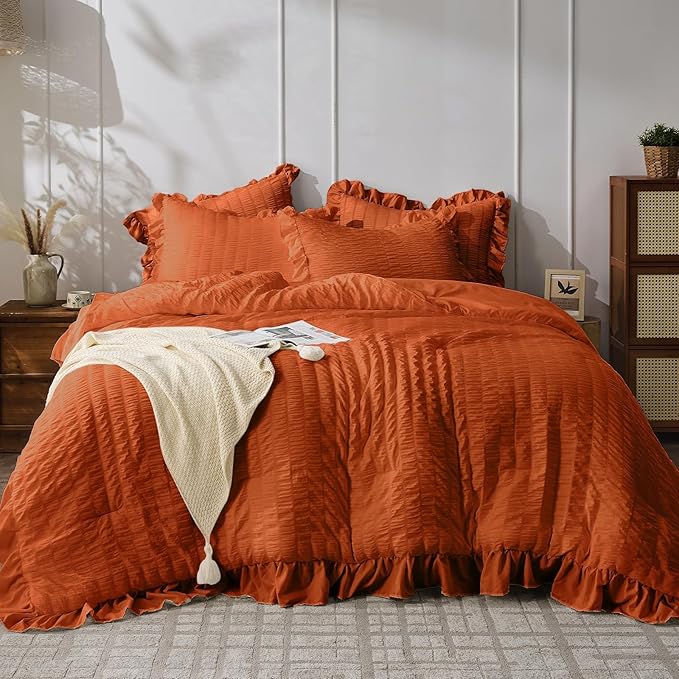 JOLLYVOGUE Burnt Orange Comforter Full Size, 3 Pieces Seersucker Lightweight Full Size Bedding, All Season Fluffy Microfiber Bedding Comforter Set with 1 Ruffle Comforter and 2 Ruffle Pillowshams