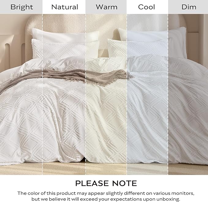 JELLYMONI Duvet Cover King Size White - 3PCS Boho Duvet Cover Set Plaid Polyester Tufted Bohemian Jacquard Knit Textured Comforter Cover 104×90in Rhombic Geometric Pattern Zipper Corner Tie