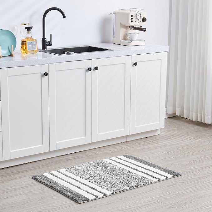 CozeCube Bath mats for Bathroom Non Slip, Fluffy Absorbent Microfiber Bath mat Washable, Aesthetic Bathroom Rugs, Small Grey Striped Bath mat, Grey, 24" x 16"