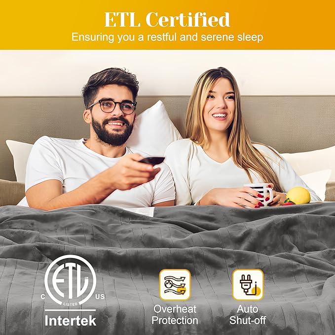 SUNVIVI Electric Heated Blanket, 84" x 62" Twin Size Electric Blanket with 10 Heating Levels and 12 Hours Auto-Off, Soft Flannel and Sherp Blanket with ETL & FCC Certification, Grey