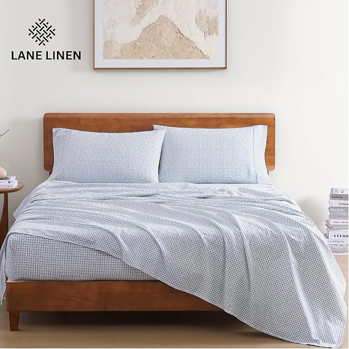 LANE LINEN 100% Organic Cotton Pre Washed Extra Long Twin Sheets Low Pill Fade Resistant Macine Wash Naturally Temperature Regulating Printed Cotton Sheets Twin XL Bed Sheets- Polka Dot Blue