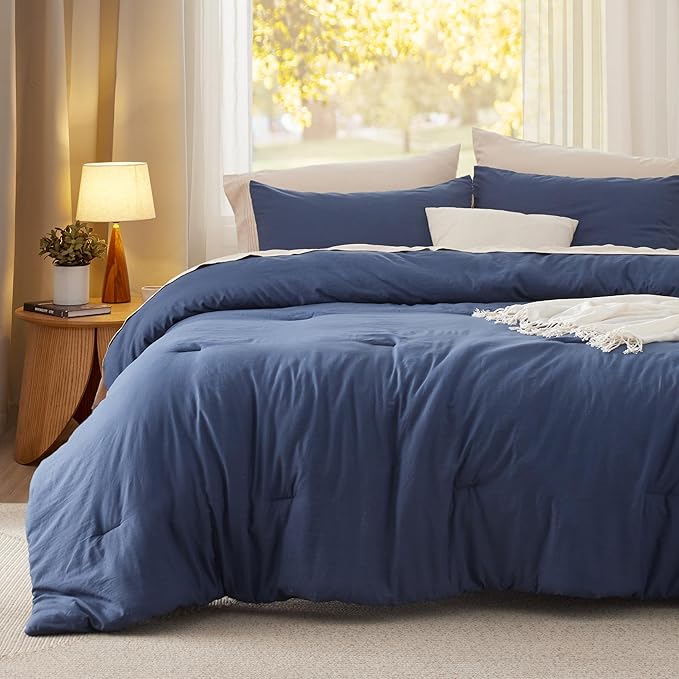 Bedsure California King Size Comforter Set, Navy Soft Prewashed Bedding for All Seasons, 3 Pieces GentleSoft™ Down Alternative Bed Set, 1 Lightweight Comforter (104"x96") and 2 Pillowcases (20"x36")