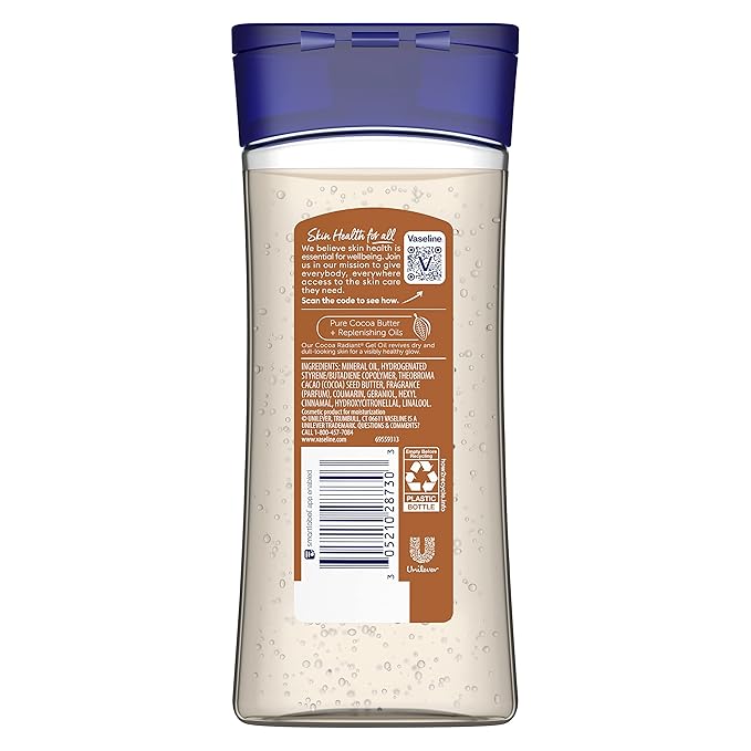 Vaseline Intensive Care Cocoa Radiant Pack of 3 for Glowing Skin Body Gel Oil Made with Pure Cocoa Butter + Replenishing Oils 6.8 oz