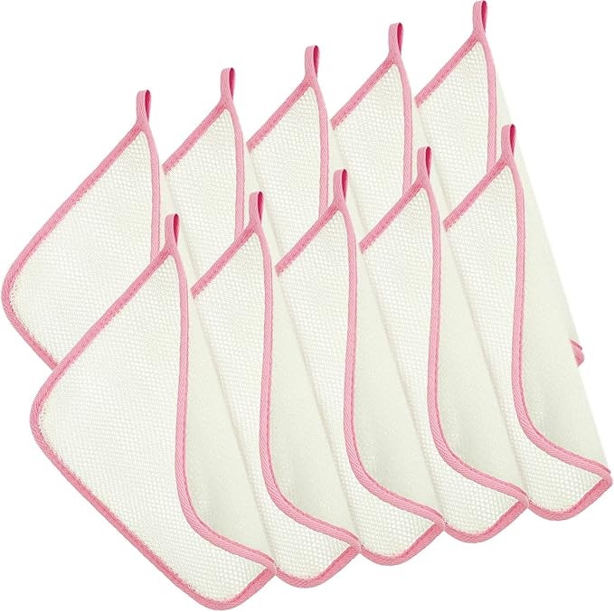 Tatuo 10 Count Popup Closed Exfoliating Wash Cloths for Body and Face Facial Bath Scrub Soft Weave Loofah Towel Exfoliate Bath Towel Remove Dead Skin Wash Cloth for Women Man (Pink Edge)