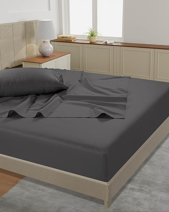 LANE LINEN Twin Bed Sheets – 450 Thread Count 100% Mercerized Cotton, Soft & Cooling Sateen Weave, 15” Deep Pocket Fully Elasticized Fitted Sheet, Luxury Hotel Bedding, Charcoal